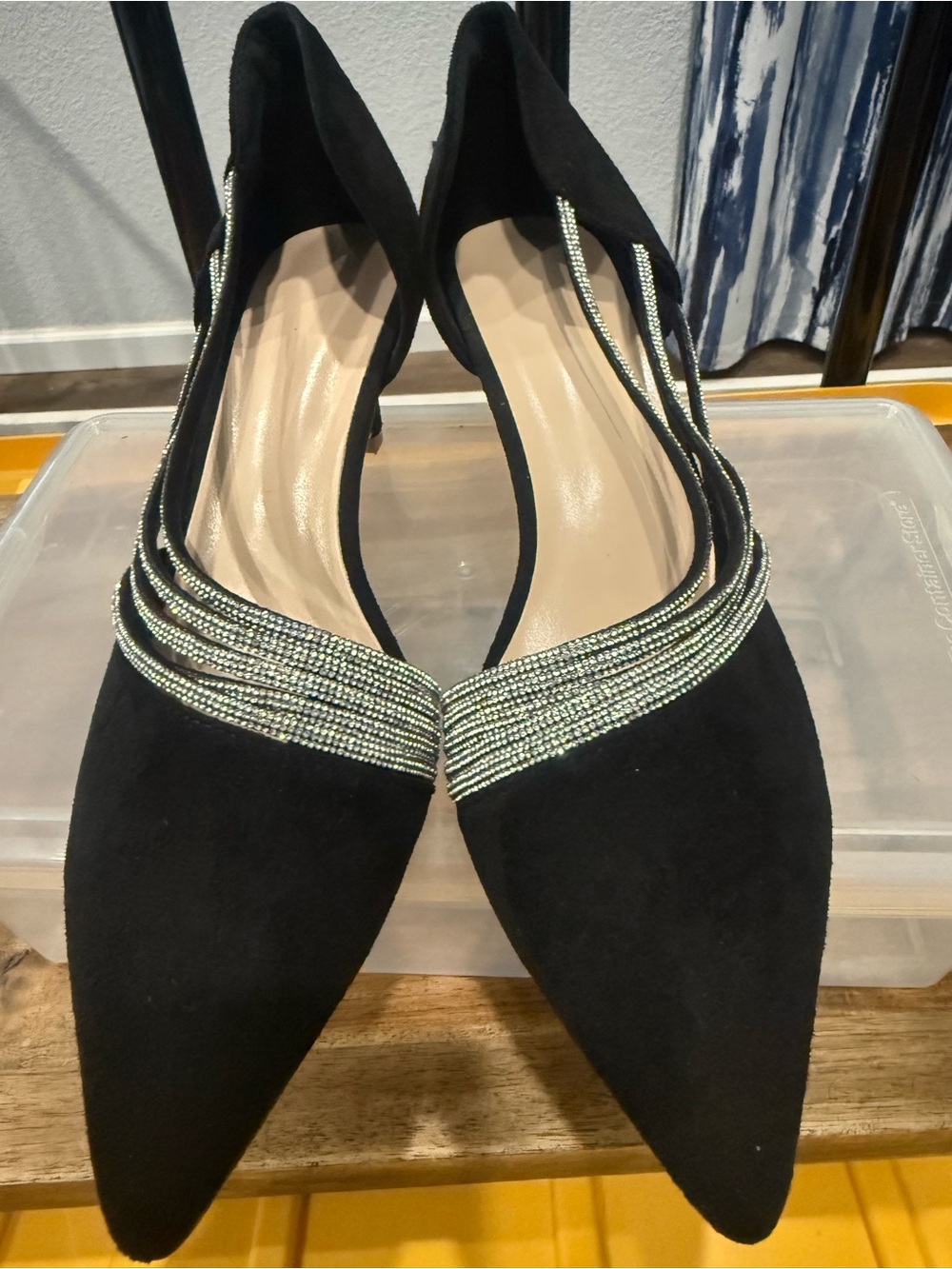 Black Pointed Toe Women's Kitten Heels with Rhinestone Trim